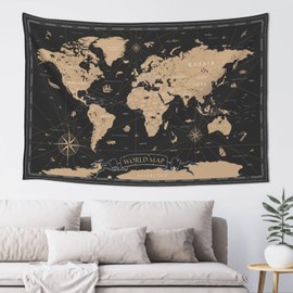 MOUNDHONG Retro World Map Black Tapestry Wall Hanging, Art Tapestry Retro Wall Art Large Wall Tapestries for Bedroom College Dorm Living Room Decor 24 x 24 in