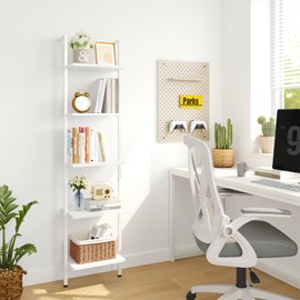 ELYKEN Ladder Shelf, White 5-Tier Wood Wall Mounted Bookshelf with Metal Frame, Modern Open Display Organizer Rack, Leaning Storage Shelves for Living Room, Bedroom, Home Office