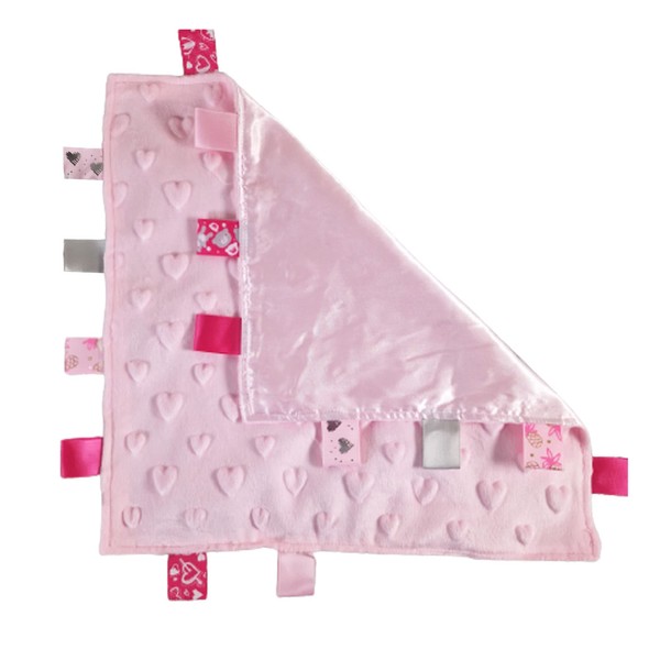 Royal Icon Baby Comforters tag blanket – Ultra Soft and Unique Design Taggies for Babies – Hypoallergenic Baby Taggy Blanket for Newborn Toddlers Boys and Girls 35x35 Cm (Pink Hearts - Ri16)