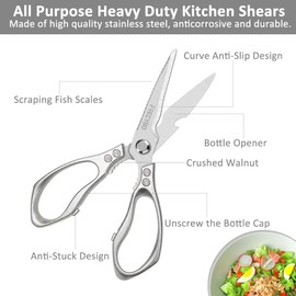 All Purpose Heavy Duty Kitchen Shears, 2-Pack Kitchen Scissors for Food, Metal Handle Stainless Steel Cooking Scissors for Kitchen, Chicken, Fish, Meat, Poultry, Herbs (Silver)