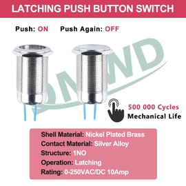 DMWD 22mm Waterproof IP67 Metal Latching Push Button Switch Heavy Duty 10Amp 12V 24V 120V ON-Off 1NO with Wires for 7/8" Mounting Hole Without LED Light