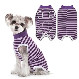 PawSailor Striped Dog Surgery Suit Female Male Dog Recovery Body Suit After Surgery, Soft Cotton Pet Surgical Recovery Vest Pet Medical Shirt Button Closure, Wound Protection, Easy to Wear, Purple XS