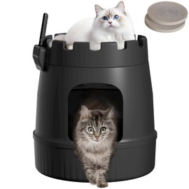 Lifewit Castle Cat Litter Box with Scratching Board & Scoop, Hidden Covered Kitty Litter Box Enclosure with Odor Control & Carbon Filter in Living Room, Bedroom, Corner, Black