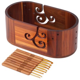 AIYUNDI Wooden Yarn Bowl for Knitting & Crocheting with 9 Crochet Hooks, Tangle-Free Yarn Storage Bowl, Smooth Finish Yarn Holder, Ideal Gift for Beginner Crocheters lovers(11.2"x6"x4.5")