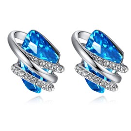 Leafael Wish Stone Stud Earrings with Aquamarine Blue Birthstone Crystal for March, Silver-tone