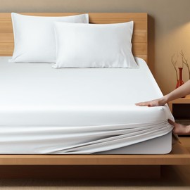 Zaizaihome Bamboo Viscose Cooling Fitted Sheet Set 3 Piece - 2 Pillowcases 1 Fitted Sheet, Organically Grown, Cooling Touch, Silky Soft(White Cal King)