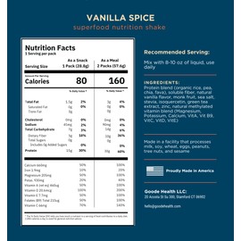 Goode Health Vanilla Spice Superfood Nutrition Shake - 7 Single-Serve On The Go Travel Packs - 15g Vegan Protein, 5g Fiber, Zero Sugar - Complete Nutrition Blend