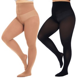 CozyWow Plus Size Tights for Women 80D Soft Solid Color Semi Opaque Pantyhose High Waist 1X 2X 3X 4X Black+Suntan-4XL