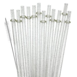 ZHOMA 12-Pack Glitter Reusable Plastic Straws, 11" Long Hard Tumbler Drinking Straws with Cleaning Brush, Dishwasher Safe (Clear)