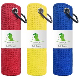 VIVIDLY 3 Pack Golf Towels, Microfiber Waffle Pattern Golf Towel, Suitable for Men's Golf Gifts (Red/Yellow/Blue)