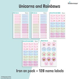 128 Stickerscape Iron on School Name Labels for Children - Iron on Name Labels - School, Pre-School and Nursery - Labels for School Uniform, PE Kits, Clothing (Unicorns and Rainbows)
