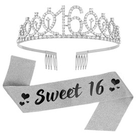 SUSSURRO "Sweet 16 Sash and Rhinestone Tiara Set,16th Birthday Gifts Birthday Sash for Women Birthday Party Supplies( Silver)
