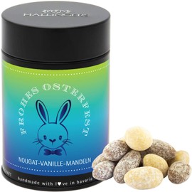 Hallingers Frohes Osterfest - Ostergeschenke für Osterkörbchen zu Ostern, Nougat-schokolierte Vanille-Mandeln handmade (Dose) - Ostergeschenke Osterkörbchen Ostereier & als Osterdeko | Glückwunsch Dan