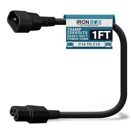IronBox Electric - Heavy-Duty C14 to C15 PC Power Cable - 10A, 250V, 18/3 SJT - IEC 320 Computer Power Supply Extension Cords - PSU Wire Connectors - Versatile for Home and Office Use(Black, 1 Foot)