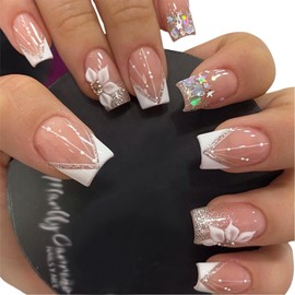 Kinretixia 24 Pieces French Press On Tips Short Square Fake Nails with Glitter Sequin Designs Fake Nails False Nails for Women