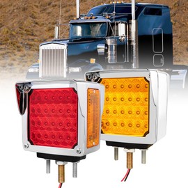 Oyviny Double Face Square LED Fender Pedestal Amber/Red Turn Signal Marker Light W/Chrome Visor Truck 52 LEDs Tail Light IP65 Waterproof Sealed Stud Mount Lights for Freightliner Kenworth Peterbilt