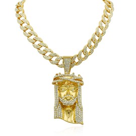 CAVIEA Chunky Jesus Head CZ Pendent Cuban Chain Link Choker Necklace for Men Women Fake Diamond Iced out Bling Blessed Hip-hop 90s Rapper Costume Faith Religious Christian Jewelry, Rhinestone, Cubic