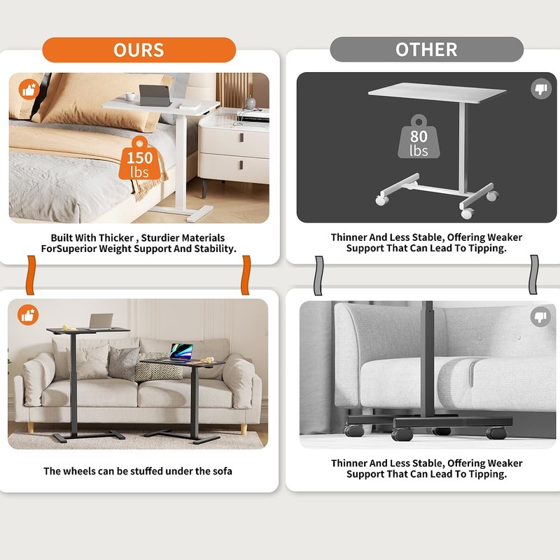 CROWNFURN Overbed Bedside Table with Hidden Casters,Adjustable Hospital & Home
