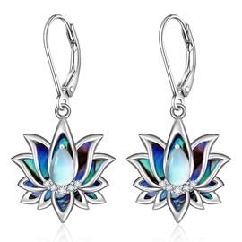 Lotus Flower Earrings for Women Abalone Shell Moonstone Sterling Silver Yoga Dangle Earrings Lotus Jewelry Mothers Day Christmas Gifts