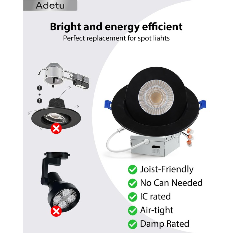 Adetu - 6 Inch 5CCT Black LED Gimbal, 360°+90°Adjustable Directional