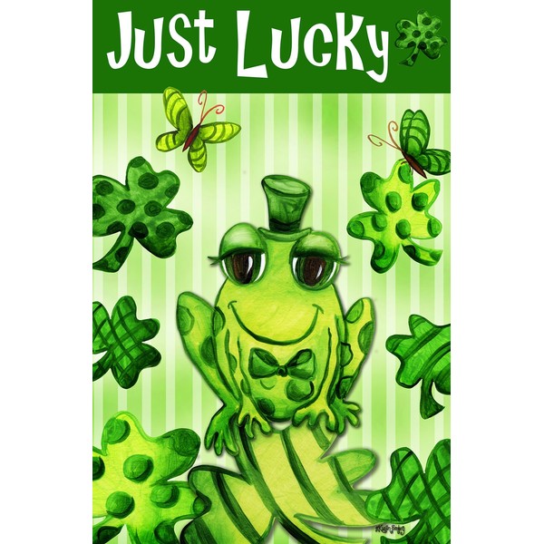 Toland Home Garden Just Lucky 12.5 x 18 Inch Decorative St Patrick's Day Green Clover Shamrock Frog Double Sided Garden Flag