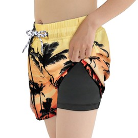 Boys Swim Trunks with Boxer Brief Liner Swim Shorts Toddler Compression Liner for Kids Anti Swimming Trunks Youth Beach Shorts Coconut Tree 10-12 Years