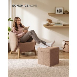 SONGMICS HOME Small Folding Storage Ottoman, Foot Rest Stool, 15 x 15 x 15 Inches, Ottoman with Storage, Load up to 660 lb, for Living Room, Bedroom, Dorm, Camel Brown ULSF095K01