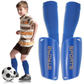 BLAZDEVE Football Shin Guards and Sleeves for Kids, Shin Pads and High Elastic Long Soccer Socks for 9-13 Years, Unisex, Blue, Size S