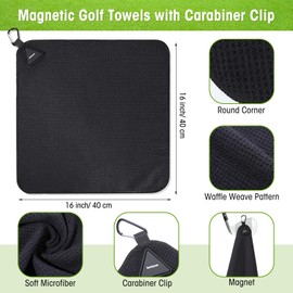 Batiyeer 6 Pack Magnetic Golf Towels with Carabiner Clip 16" X 16" Waffle Pattern Cleaning Cloth Block Ultra Absorbent Strength Magnet Golfing Gear for Strong Hold to Golf Bags(Black)