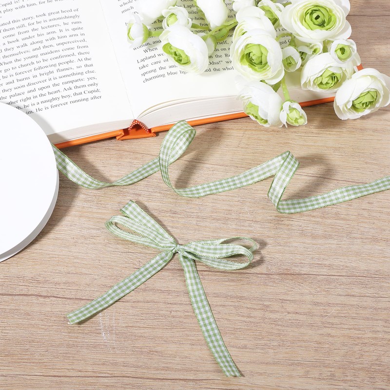 50 Yards Green Plaid Ribbon, 3/8 Inch Green and White