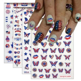 4 Sheets Independence Day Nail Art Stickers 5D Embossed Self Adhesive with American Flag Patriotic Stars Butterfly Design Decals for Women Girls Kid 4th of July Manicure Decorations Accessories