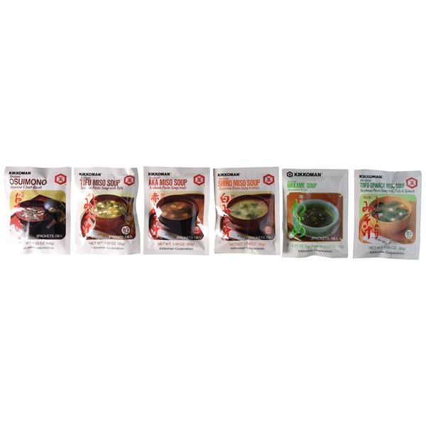 Kikkoman Instant Soup 6 Variety Pack - Miso-tofu , Tofu- Spinach Soup, Shiro Miso , Aka Miso , Osuimino Japanese Clear, Wakame