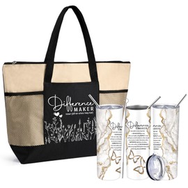 Buryeah 2 Pcs Employee Appreciation Gifts for Women Difference Maker Tote Bag 20 oz Tumbler with Straw Brush Work Anniversary Going Away Farewell Gifts for Boss Manager Lady Coworker(Khaki)