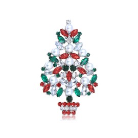 Alilang Silver Tone Faux Pearl Red Green Crystal Rhinestone Winter Holiday Christmas Tree Brooch Pin