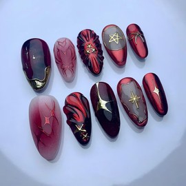 EYZOTSF Press on Almond Nails Medium Length Glossy Full Cover Acrylic Almond Shaped False Nails with Designs Artificial Fake Nail with Charms Glue Stick ons Fingernails for Women Girls(W2027)