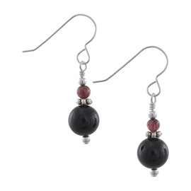 Black Onyx, Dark Red Garnet Gemstone & Sterling Silver Hook Drop Earrings with Gift Box