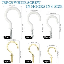Tahbarshi 78 Stück Schraubhaken Schwarz Gold6 Größen Deckenhaken Set Haken Zum Schrauben,Weiß Silber Vinyl Beschichtet Cup Haken Set Hakenschrauben (Weiß)