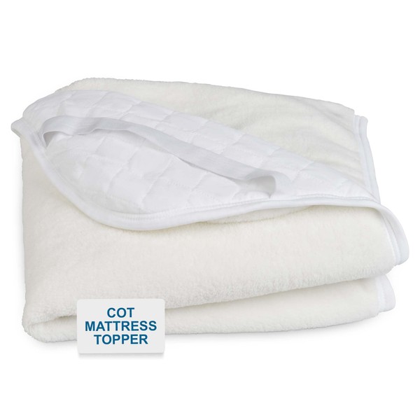 Cot Bed Mattress Topper Protector in Cosy Fleece for Extra Comfort and Warmth - 140 x 70 cm - Reverse Side in Quality Quilting with Corner Straps - Made in Portugal