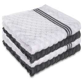 INFICRIME 4 Pack 100% Cotton Wash Cloth, 12x12 Inch Highly Absorbent and Soft Feel Fingertip Towels, Machine Washable Washcloths for Bathroom, Gym, Hotel, Spa and Kitchen, White/Grey