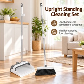 Upright Broom and Dustpan Set – 180° Foldable Dustpan with Built-In Cleaning Comb for Floors, Pet Hair and Everyday Household Cleaning