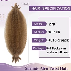 Marley Twist Braiding Hair 8Packs 18Inch Afro Spring Twist Hair Cuban Twist Hair Synthetic Spring Twist Hair Crochet Hair for Black Women(8Packs,27#)