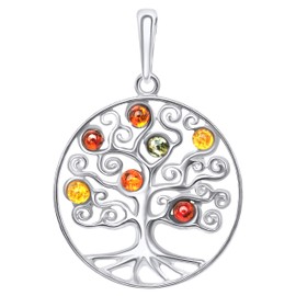 ANDANTE Premium Collection Genuine Baltic Sea Amber Pendant in 925 Sterling Silver Tree of Life Certified Gold of the Sea Colour Cognac, Genuine Baltic Sea natural amber certified, solid 925 sterling