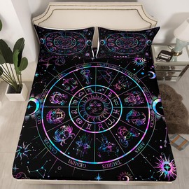 Sun and Moon Fitted Sheet Queen Size,Starry Galaxy Zodiac Constellation Bedding Set 3Pcs for Kids Boys Girls Room Decor,Neon Blue Purple Bed Sheet Hippie Boho Deep Pocket Sheet,2 Pillowcases
