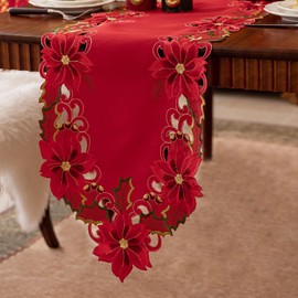 Joyfol - Camino de mesa bordado de Navidad de 14 x 86 pulgadas, diseño de flores de pascua, hojas de acebo, para Navidad, día festivo, festivales de invierno, cocina, comedor, decoración de mesa