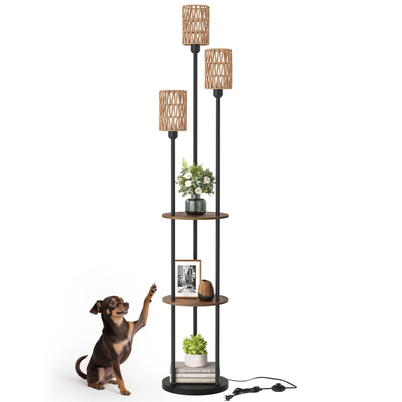 GOEBLESON Floor Lamp with Shelves, Boho Floor Lamp with Foot