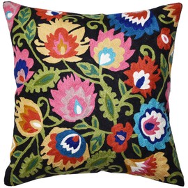 Kashmir Designs Polish Floral Pillow Cover Black Flower Pillowcase Floral Outdoor Cushion Suzani Farmhouse Chair Throw Traditional Chair Cushions Hand Embroidered Cushions Wool Size - 18x18