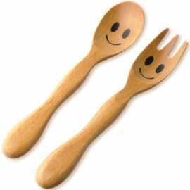 Nagao Children's Spoon and Fork Set, 5.5 inches (14 cm), Nikoniko, Wood