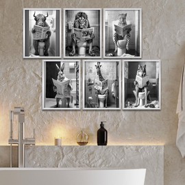 Gubrandin 6PCS Funny Wall Art - Bathroom Decor Accessories Prints Paintings for Home Farmhouse Washroom Toilet Humor Black And White Animals (8x10 inch, Unframed)