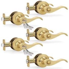 Moquin Brushed Gold 5 Pack Wholesale Wave Design Keyed Entry Door Lever with Lock(Keyed-Not-Alike), Reversible Door Handle for Right/Left Side Front/Entrance Door Lock, Satin Brass Finish