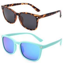 COASION Polarized Kids Sunglasses UV 400 Protection for Girls Boys Classic Retro Style Toddler Shades Age 3-12 (Matte Leopard/Grey Lens + Matter Blue/Blue Mirrored Lens)